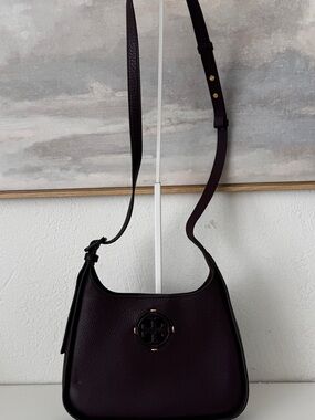 Tory Burch Plum Pebbled Leather Shoulder Bag with Logo